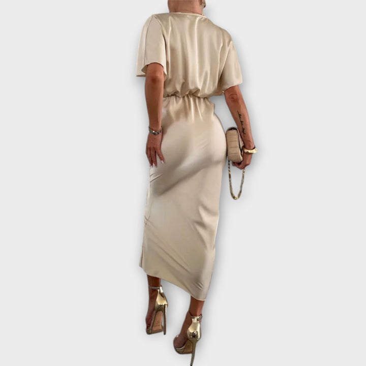 Sable ™ ｜Pevný saténový maxi šaty s V-výstrihom a krížovým uzlom