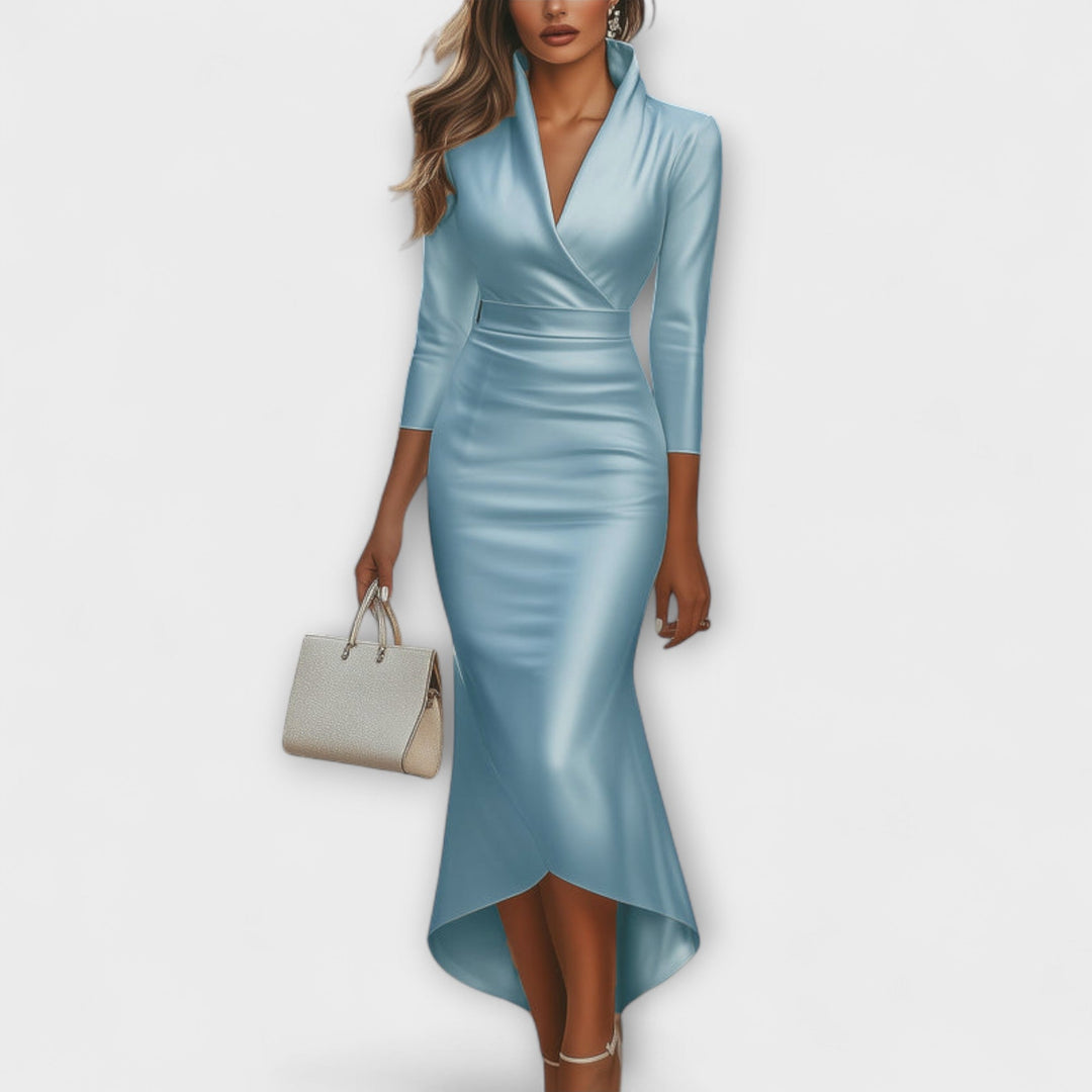 Rebecca ™ ｜ Elegantné biele saténové midi šaty s V-výstrihom