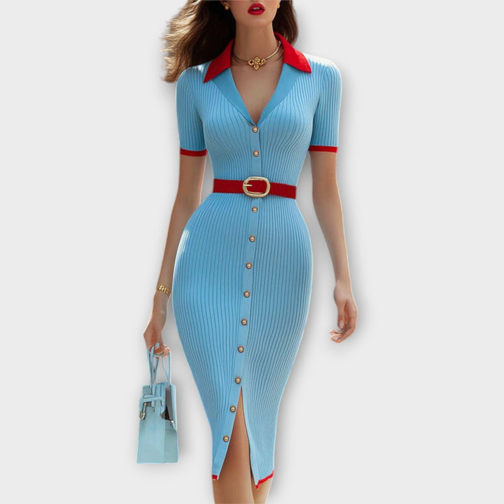 Sina ™ ｜Šikové bábätkovomodré úpletové ceruzkové šaty