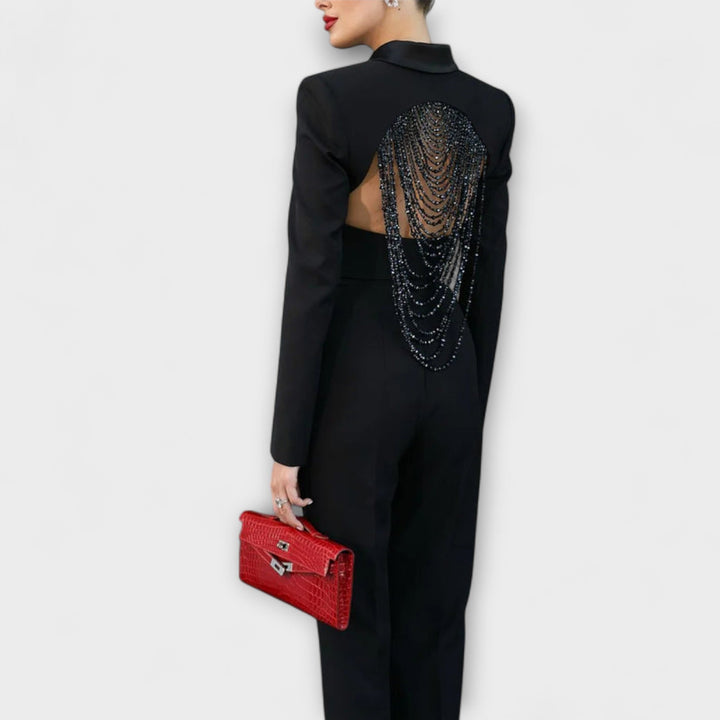 Noa ™ ｜ Čierny sako set s perličkami a odhaleným chrbtom