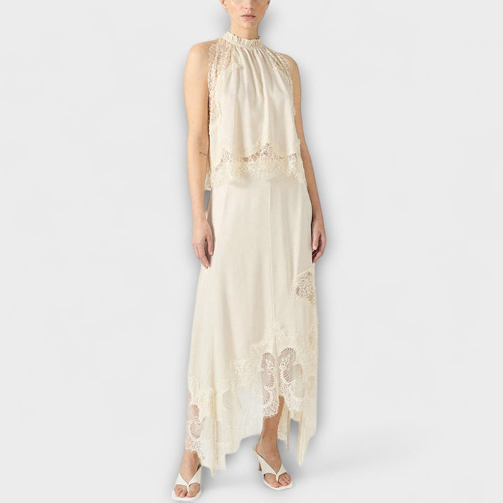 Kaia ™ ｜ Saténová blúzka s čipkovým lemom a plisovaným výstrihom v sade