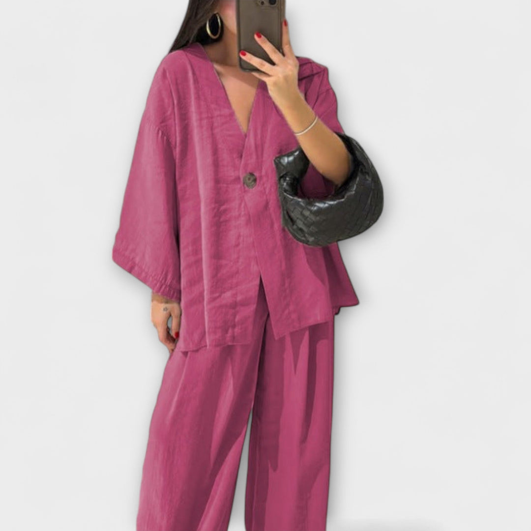 Jacqueline ™ ｜ Ležérny top s V-výstrihom a nohavicový set