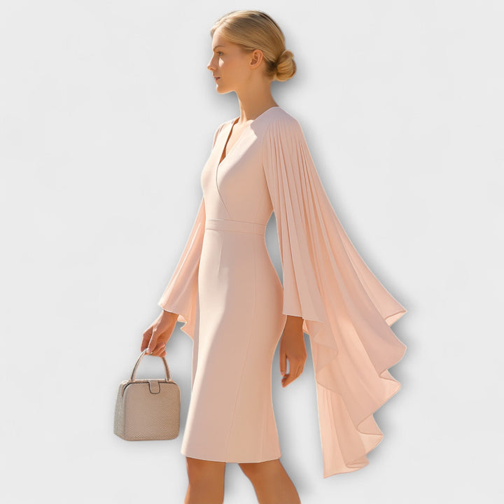 Rachel ™ ｜ Rúžové midi šaty s V-výstrihom a chiffonovými rukávmi