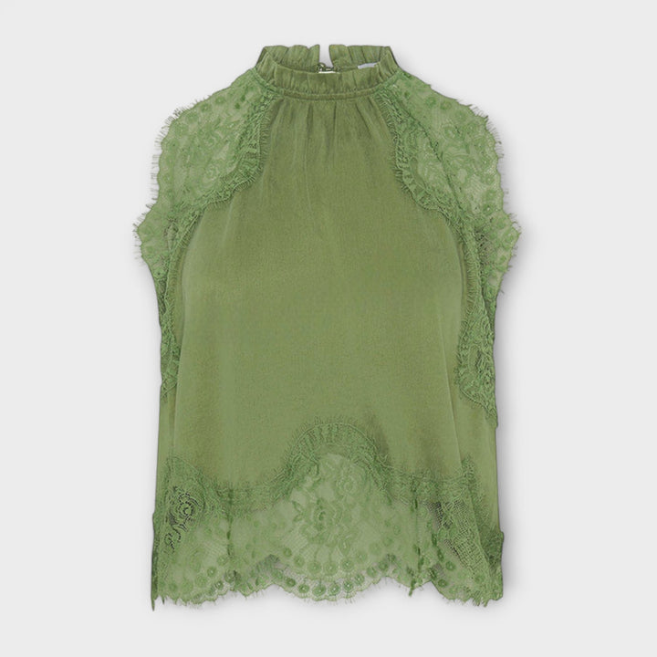 Kaia ™ ｜ Saténová blúzka s čipkovým lemom a plisovaným výstrihom v sade