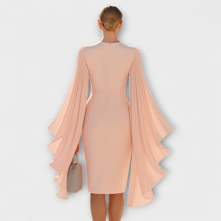 Rachel ™ ｜ Rúžové midi šaty s V-výstrihom a chiffonovými rukávmi