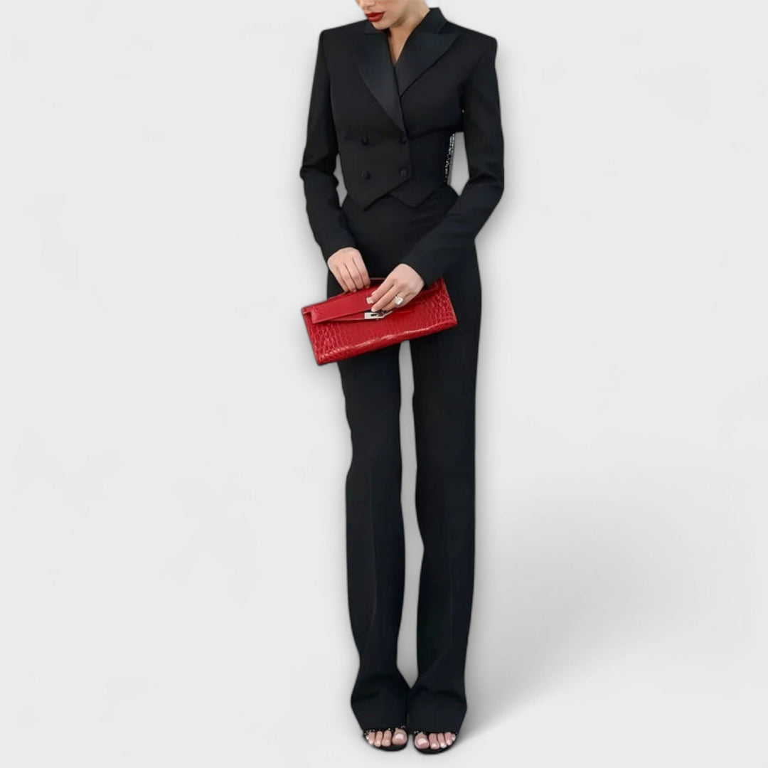 Noa ™ ｜ Čierny sako set s perličkami a odhaleným chrbtom