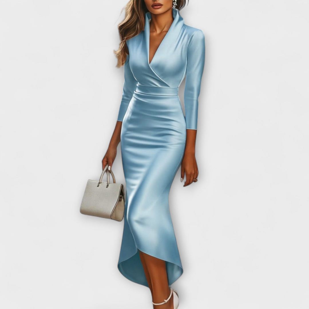 Rebecca ™ ｜ Elegantné biele saténové midi šaty s V-výstrihom