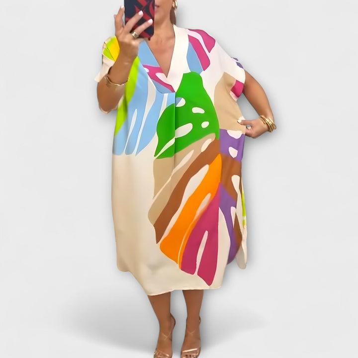 Roos ™ ｜ Uvoľnené šaty s farebným potlačou listov