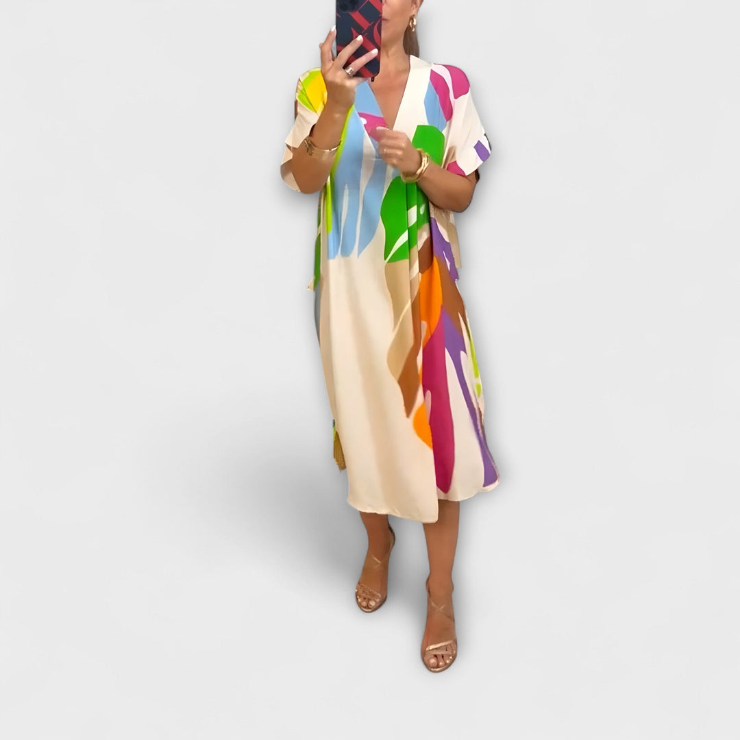 Roos ™ ｜ Uvoľnené šaty s farebným potlačou listov