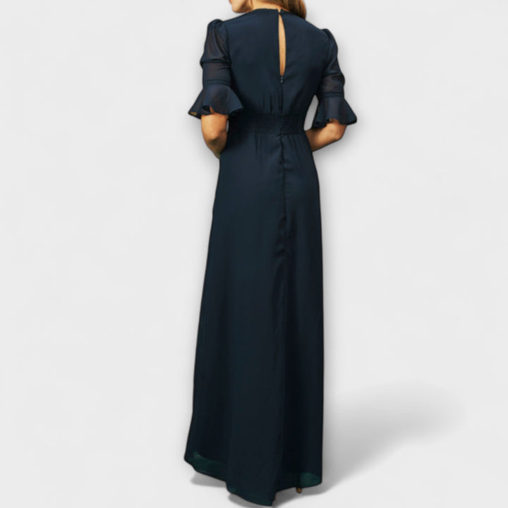 Beatrice  ™ ｜Elegantné námornícke modré šaty s kvetinovou výšivkou