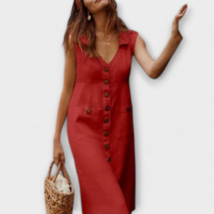 Nora ™ ｜A-línia šaty z bavlny a ľanu s preloženým golierom