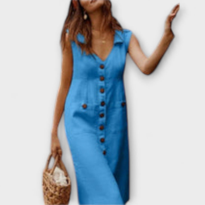 Nora ™ ｜A-línia šaty z bavlny a ľanu s preloženým golierom