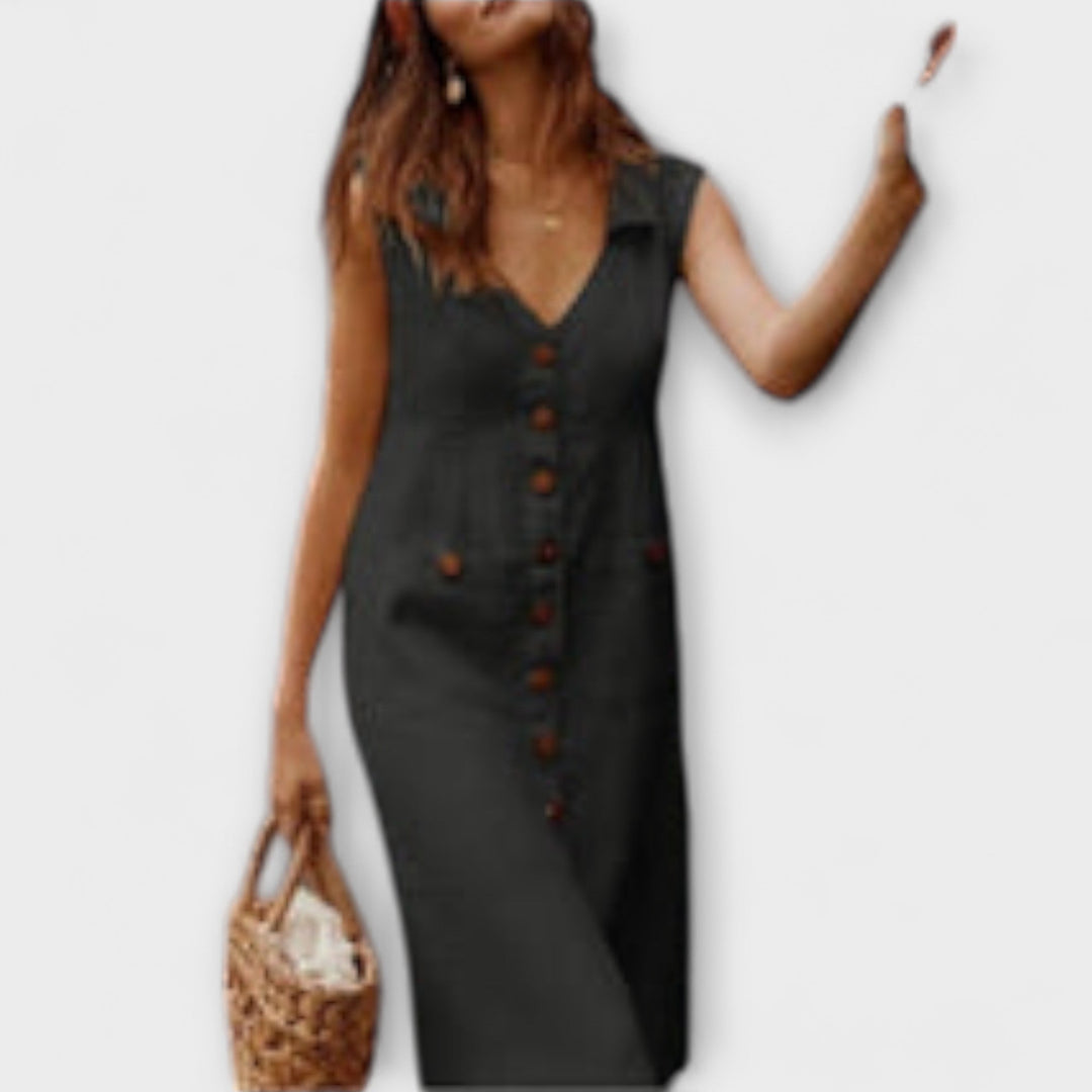 Nora ™ ｜A-línia šaty z bavlny a ľanu s preloženým golierom