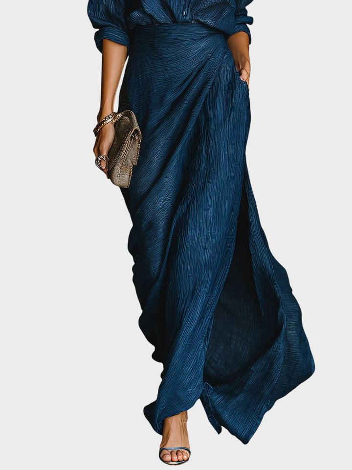 Anita™| Elegantný komplet košele a dlhej sukne zo zmesi bavlny a ľanu v tmavomodrej farbe