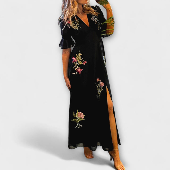 Beatrice  ™ ｜Elegantné námornícke modré šaty s kvetinovou výšivkou