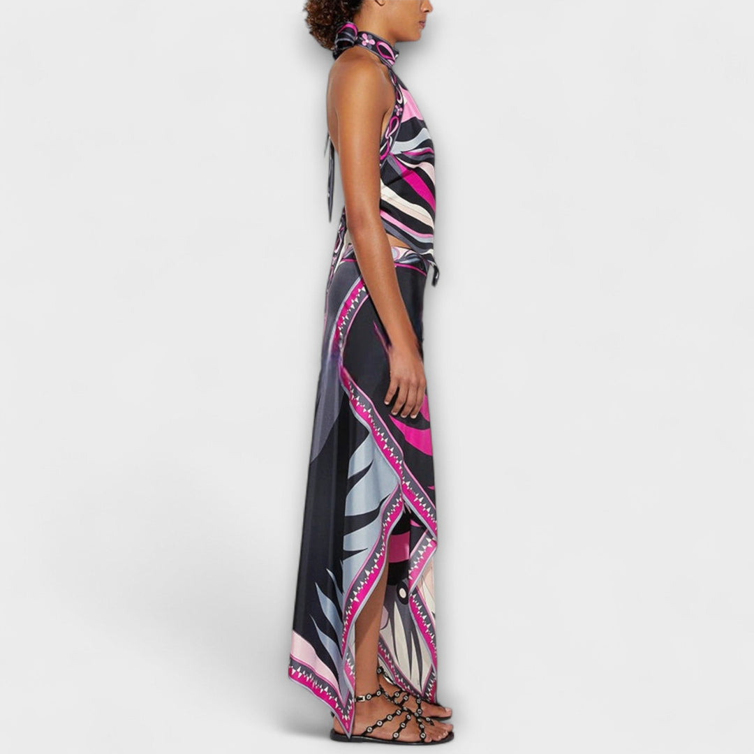 Everly ™ ｜ Sada z topu s náprsenkou a asymetrickej midi sukne