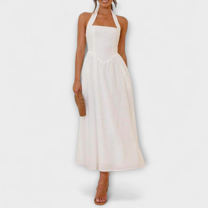 Lydia ™ ｜Stredne dlhé čierne šaty s halterom a detailom v páse