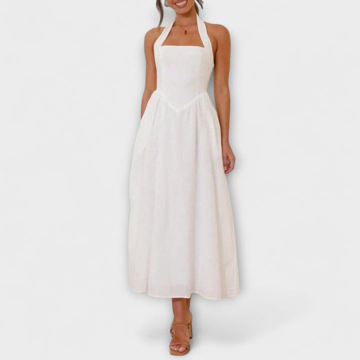 Lydia ™ ｜Stredne dlhé čierne šaty s halterom a detailom v páse