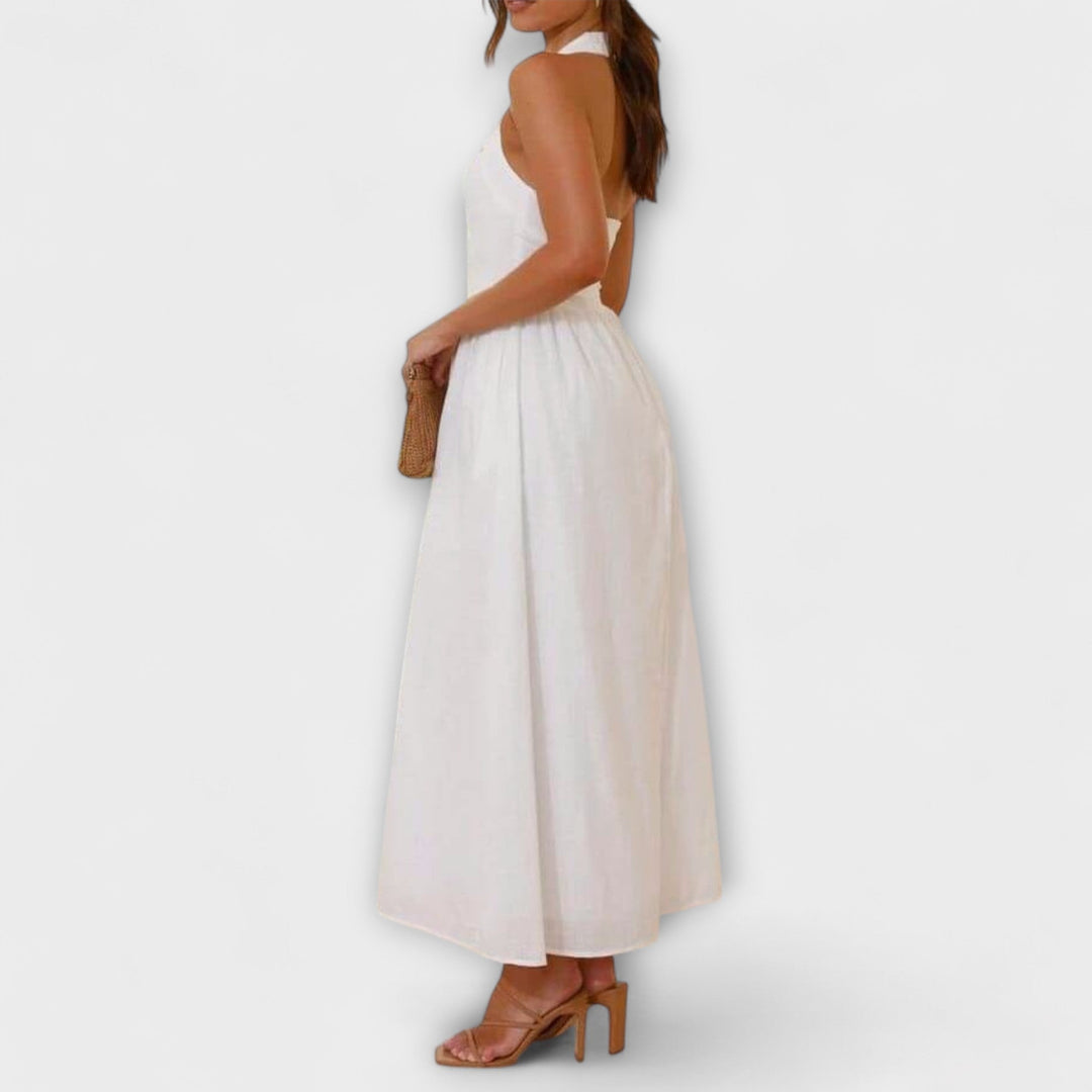 Lydia ™ ｜Stredne dlhé čierne šaty s halterom a detailom v páse