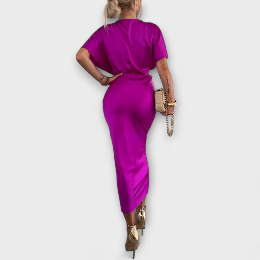 Sable ™ ｜Pevný saténový maxi šaty s V-výstrihom a krížovým uzlom