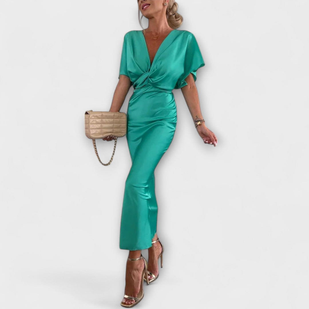 Sable ™ ｜Pevný saténový maxi šaty s V-výstrihom a krížovým uzlom